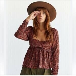 Free People Silent Rawr Babydoll Y2K Women Top size M Brown Tiger Striped Peplum